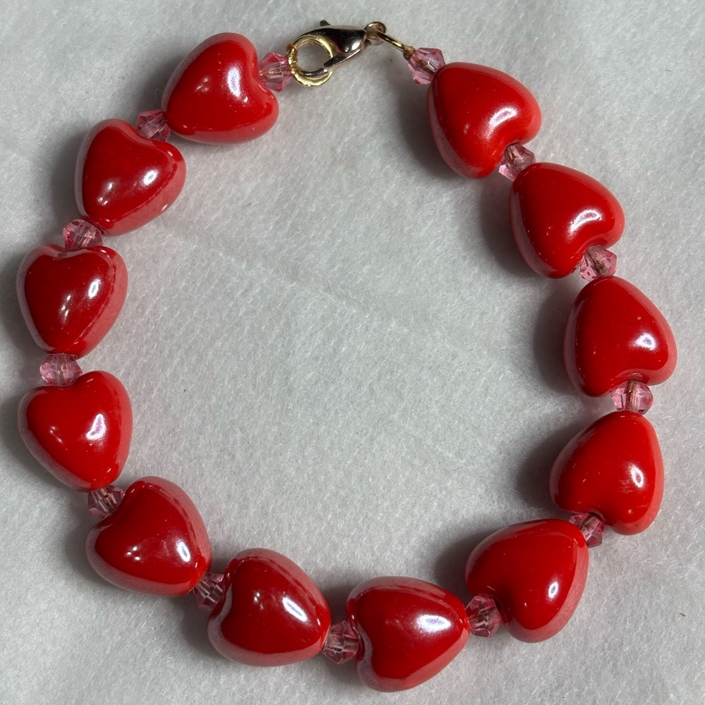 Hand made Valentines inspired 8 inch bracelet red beads and pink bicones